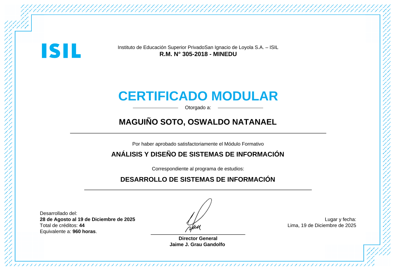Anverso del certificado de Análisis y Diseño de Sistemas de Información otorgado por ISIL