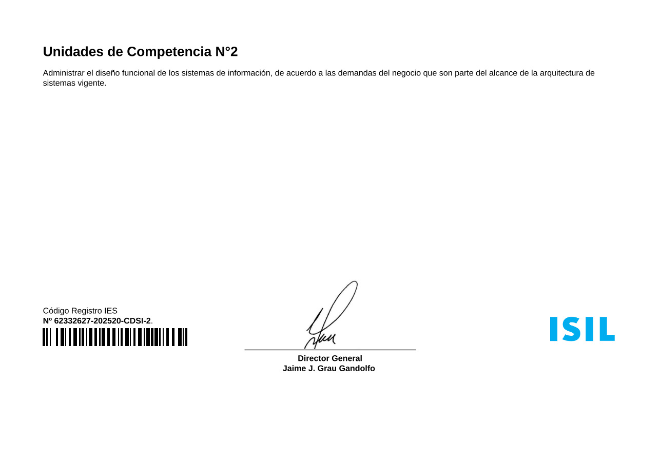 Reverso del certificado de Análisis y Diseño de Sistemas de Información otorgado por ISIL