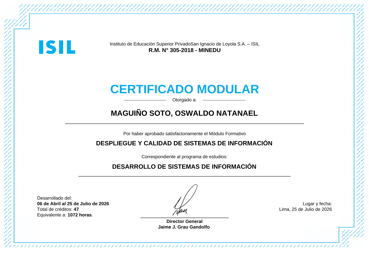 Anverso del certificado de Despliegue y Calidad de Sistemas de Información otorgado por ISIL