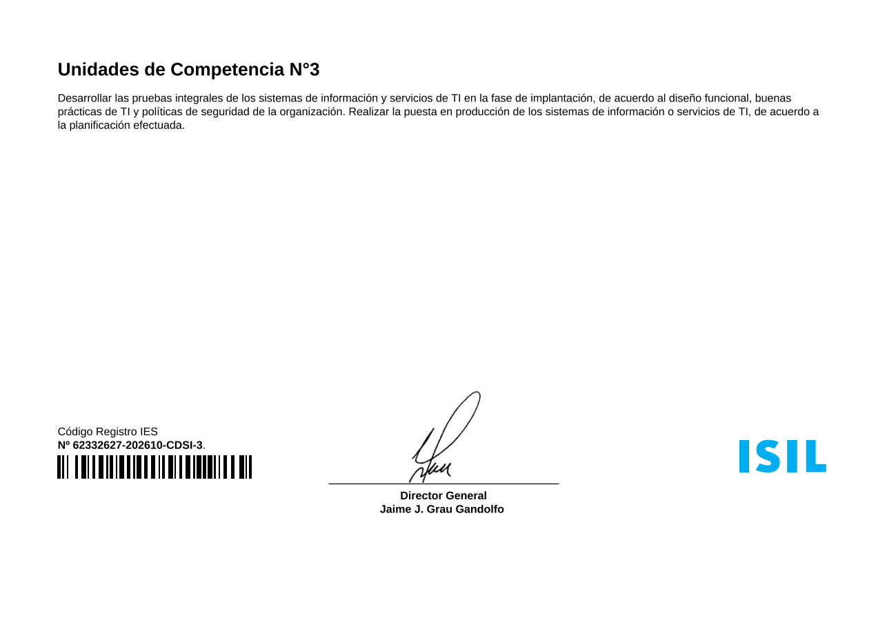 Reverso del certificado de Despliegue y Calidad de Sistemas de Información otorgado por ISIL