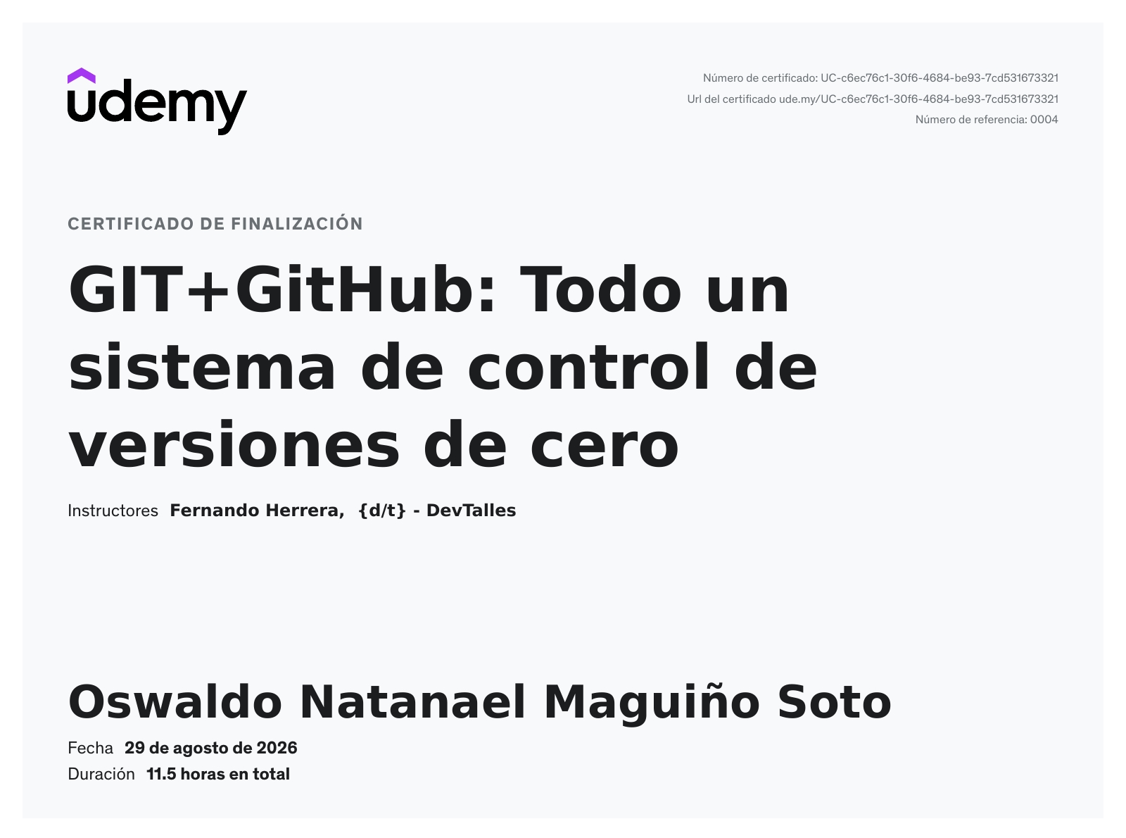 Certificado del curso GIT + GitHub de Udemy