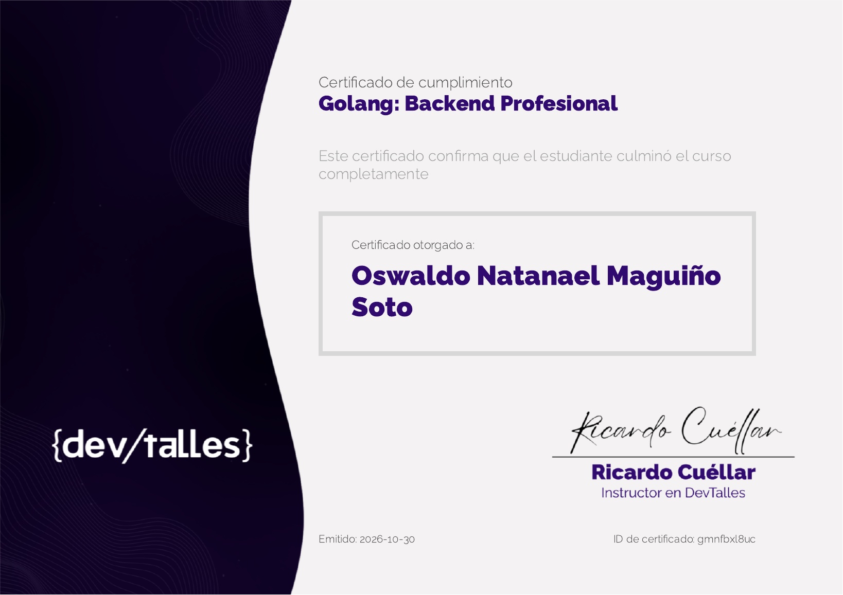 Certificado del curso Golang: Backend Profesional