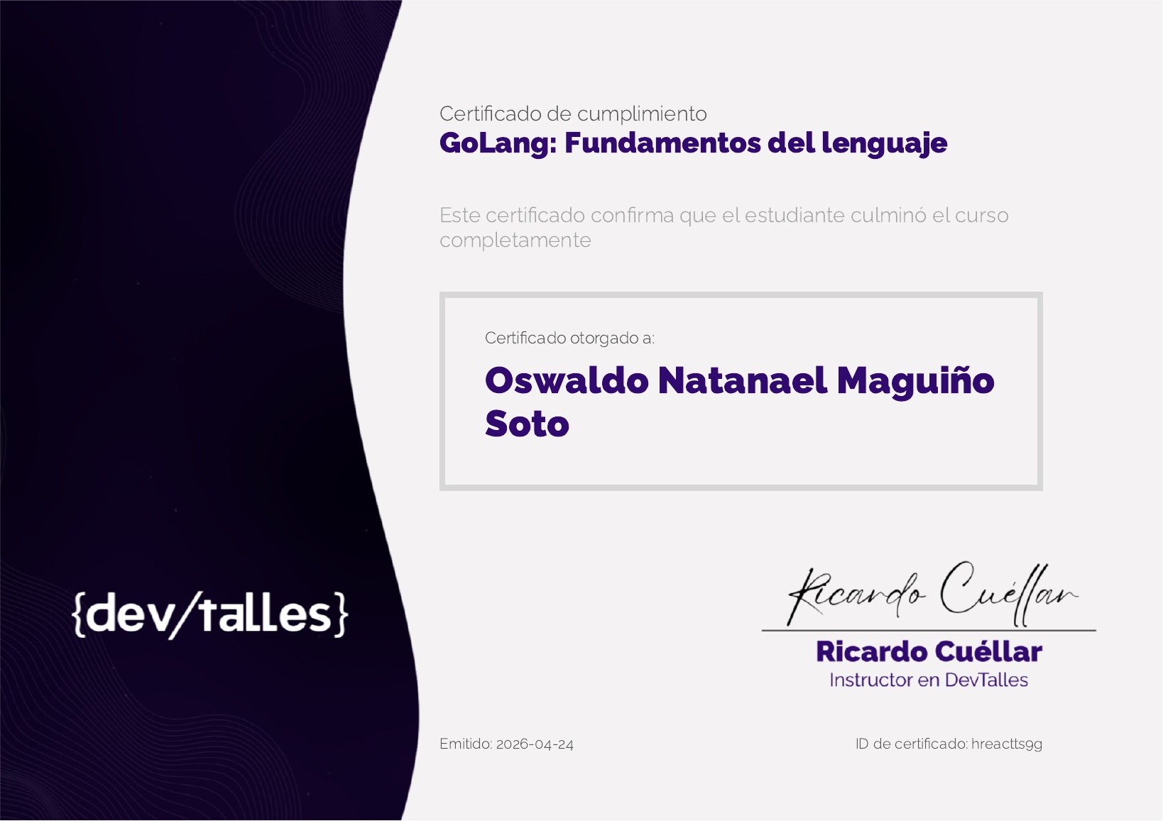 Certificado del curso GoLang: Fundamentos del lenguaje