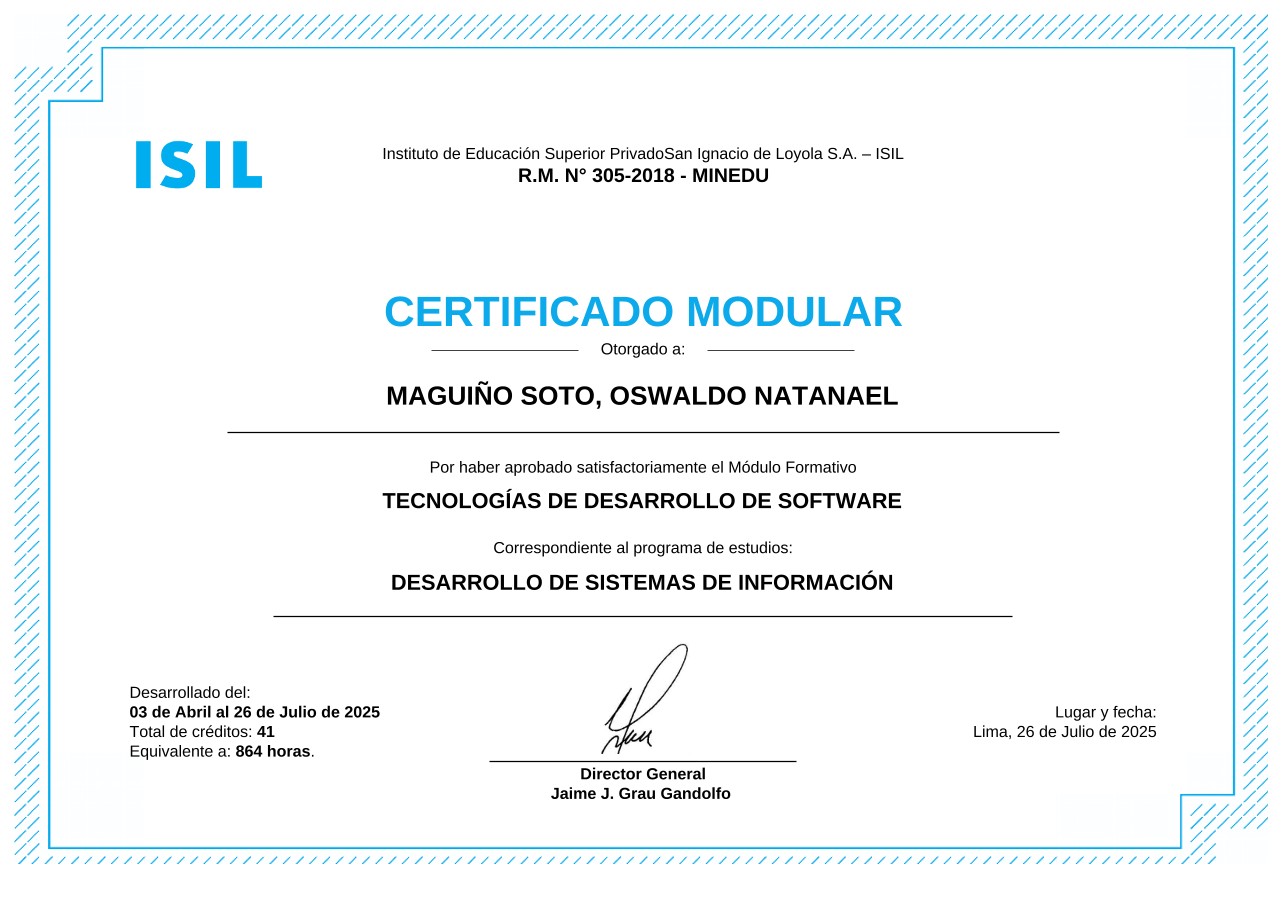 Anverso del certificado de Tecnologías de Desarrollo de Software otorgado por ISIL