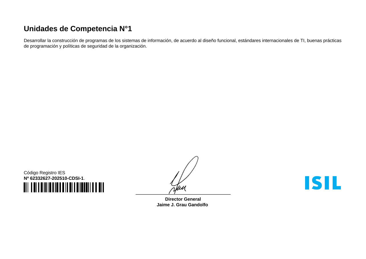 Reverso del certificado de Tecnologías de Desarrollo de Software otorgado por ISIL