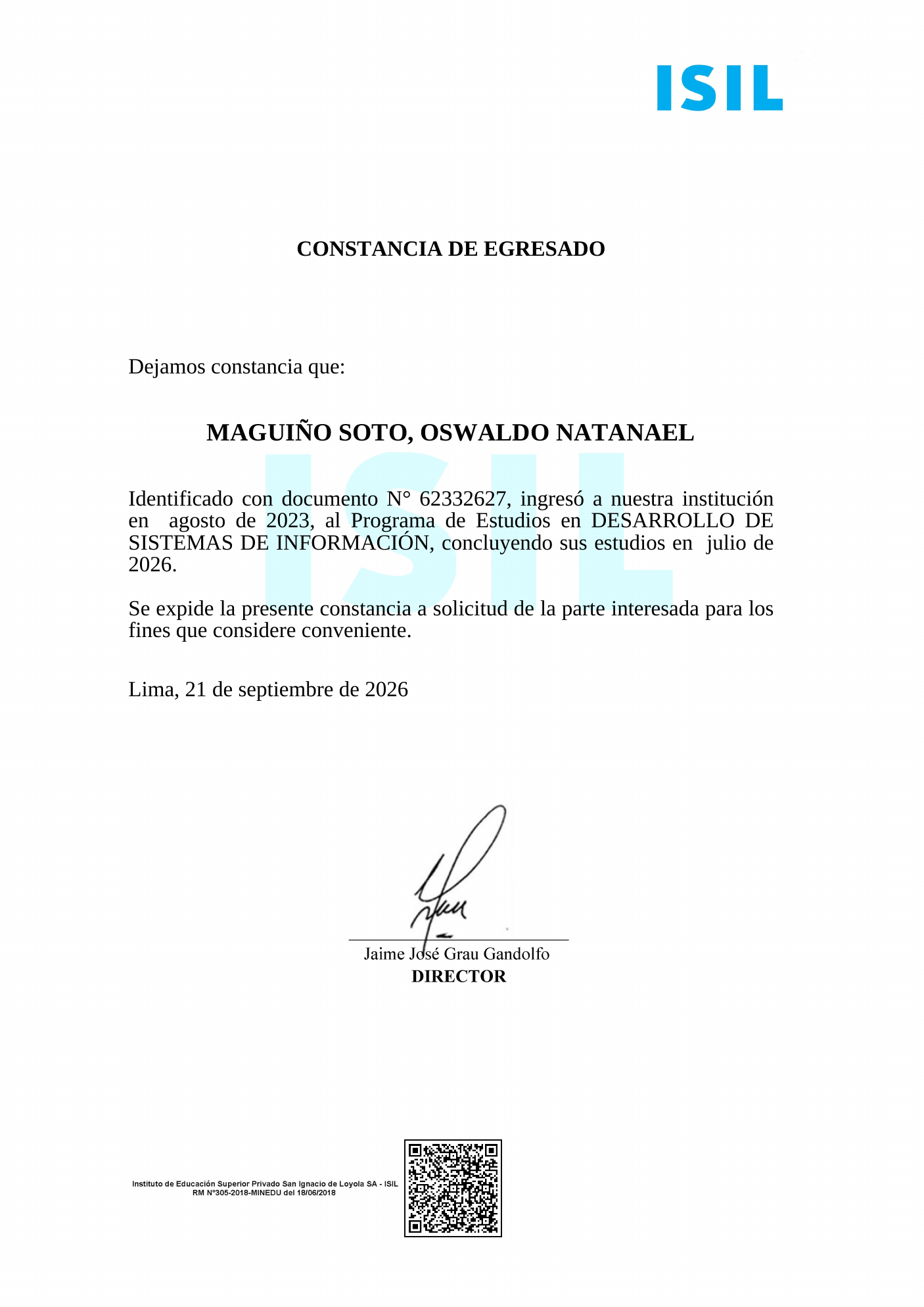 Constancia de egresado de Oswaldo Natanael Maguiño Soto